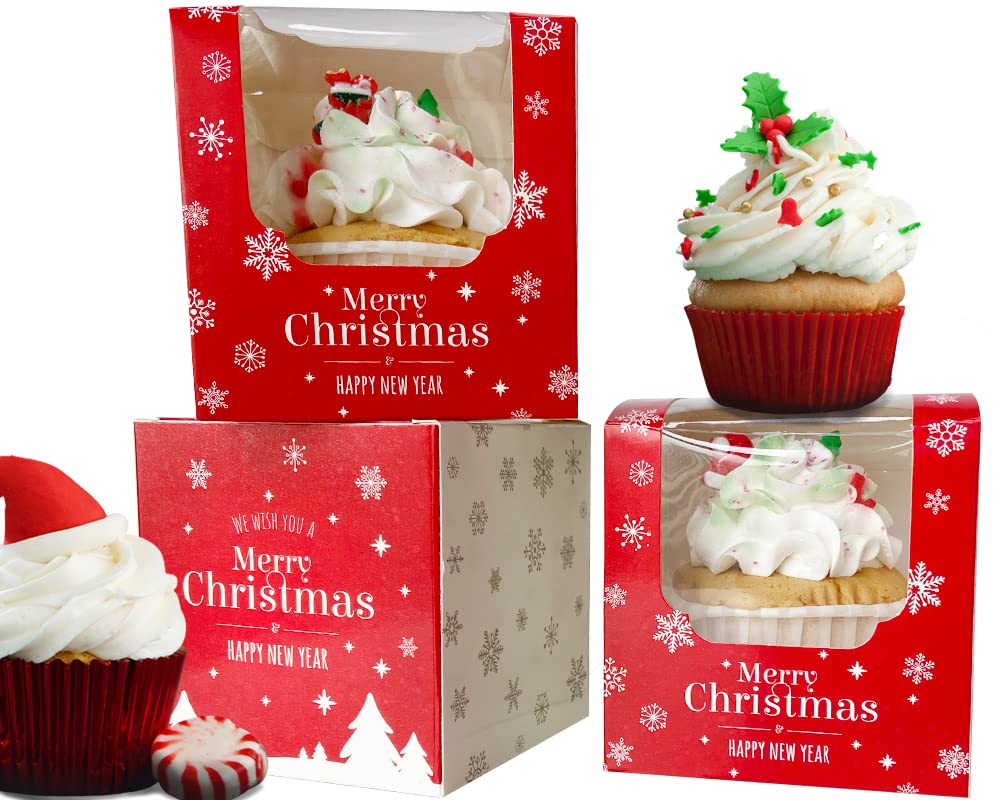 Christmas Cupcake Boxes 50 Pcs, Individual Cupcake Box Red and White with Christmas Trees insert and Window for Holiday Muffin Containers Single for Ornament Cocoa Bombs Packaging