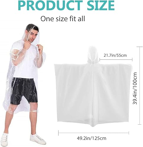 Miniatura 5 de Ponchos de lluvia desechables para adultos, plástico impermeable y capucha con cordón, transparente