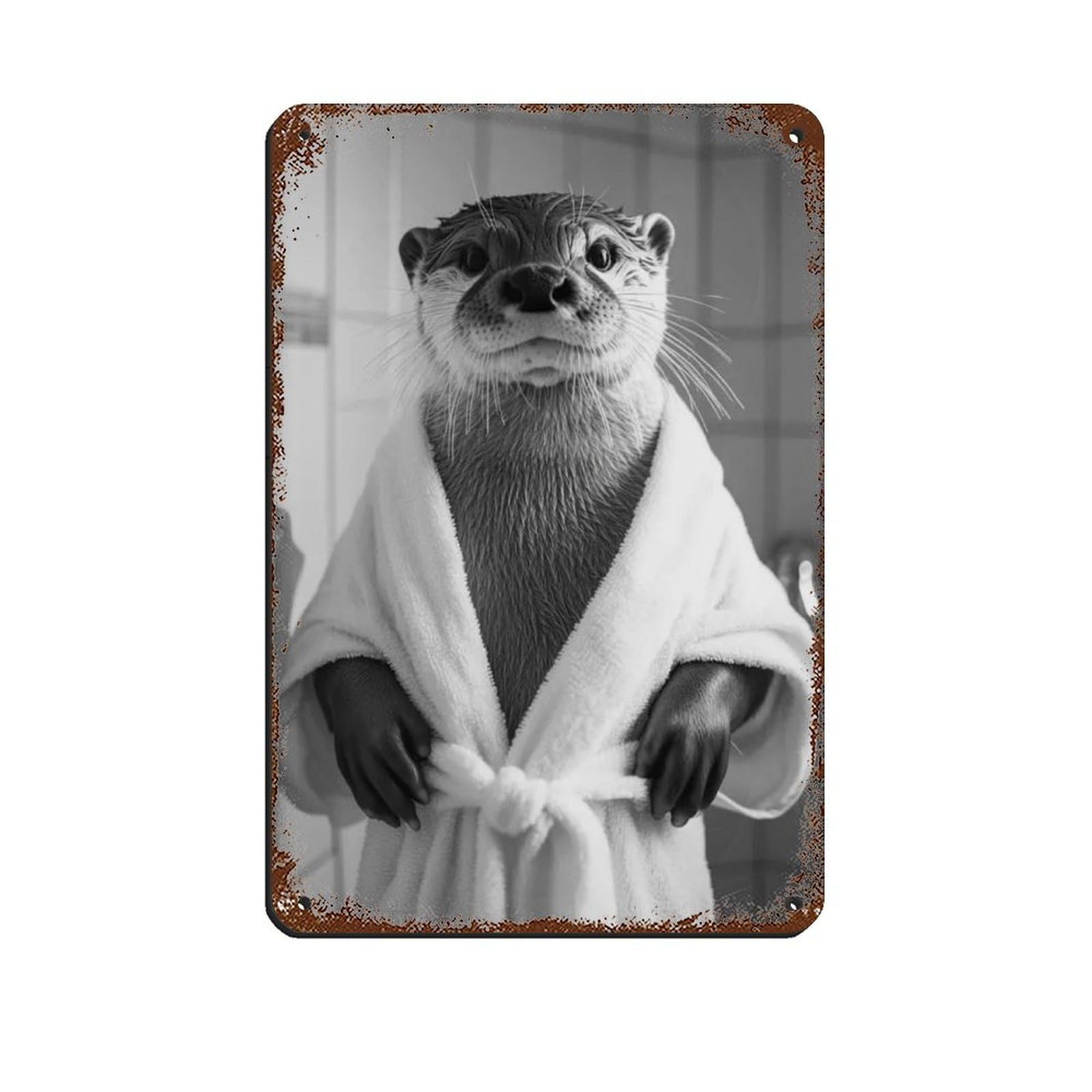 Lxwnze 20L X 30W Cm Otter In A Bathrobe, Funny Bathroom Art Tin Sign Vintage Metal Pub Club Cafe Bar Home Wall Art Decoration Poster Retro 8X12inch(20X30cm)