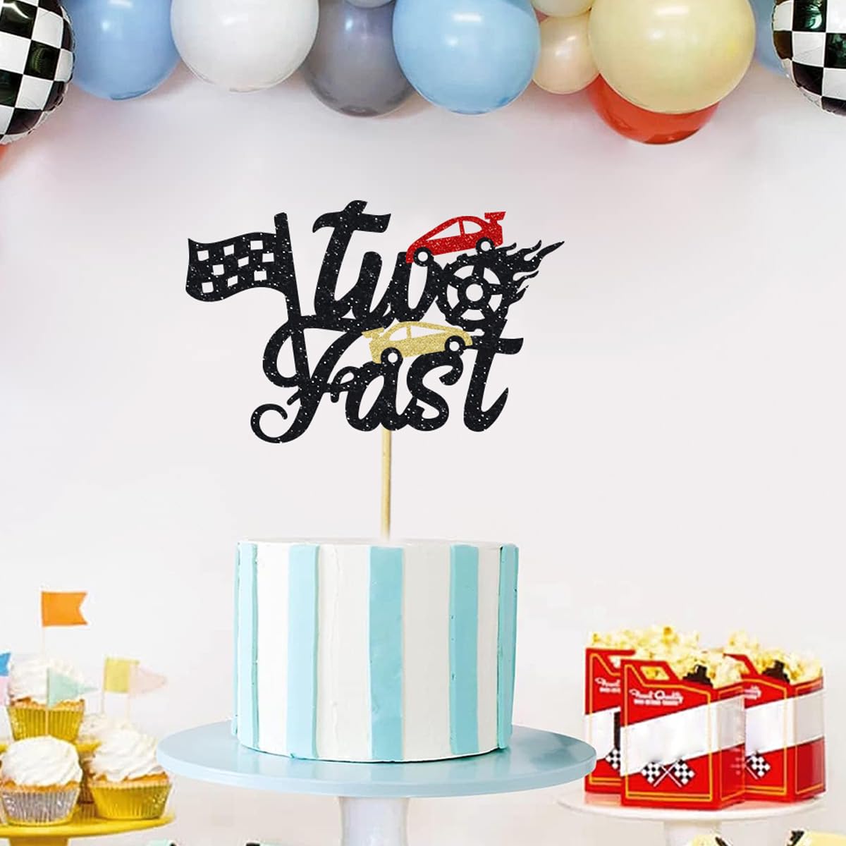 LeeLeeAn Two Fast Birthday Cake Topper - Race Car Theme 2nd Birthday Party Decoration, 6 Inch X 6 Inch, Checkered Flag, 'TWO FAST' Sign, Gold Glitter Cardboard, 1 Count - View #8