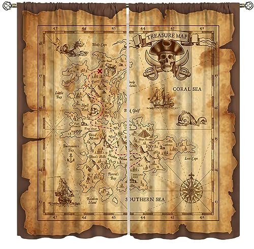 Nautical Map Curtains Retro Old Map Pirate Ship Skull Pattern Printing Curtains Kids Bedroom and Living Room Decoration Blackout Curtains W63 * L63 Inch