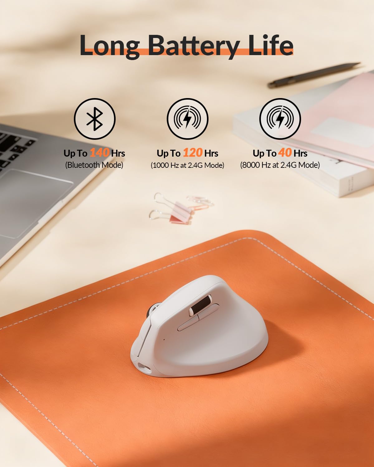 Keychron M5 8K Vertical Ergonomic Mouse Wireless, 2.4 GHz/Bluetooth 5.3/Wired Computer Mice Rechargeable, 5 Levels Up to 30K DPI with Programmable Buttons for Laptop macOS/Windows - White