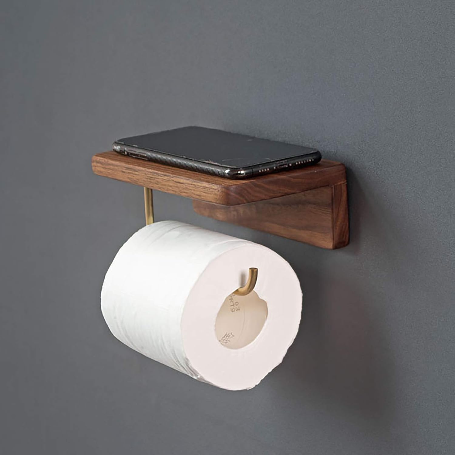 Portarrollos de papel higiénico adhesivo de nogal negro para montaje en pared, sin perforaciones, latón para baño y cocina