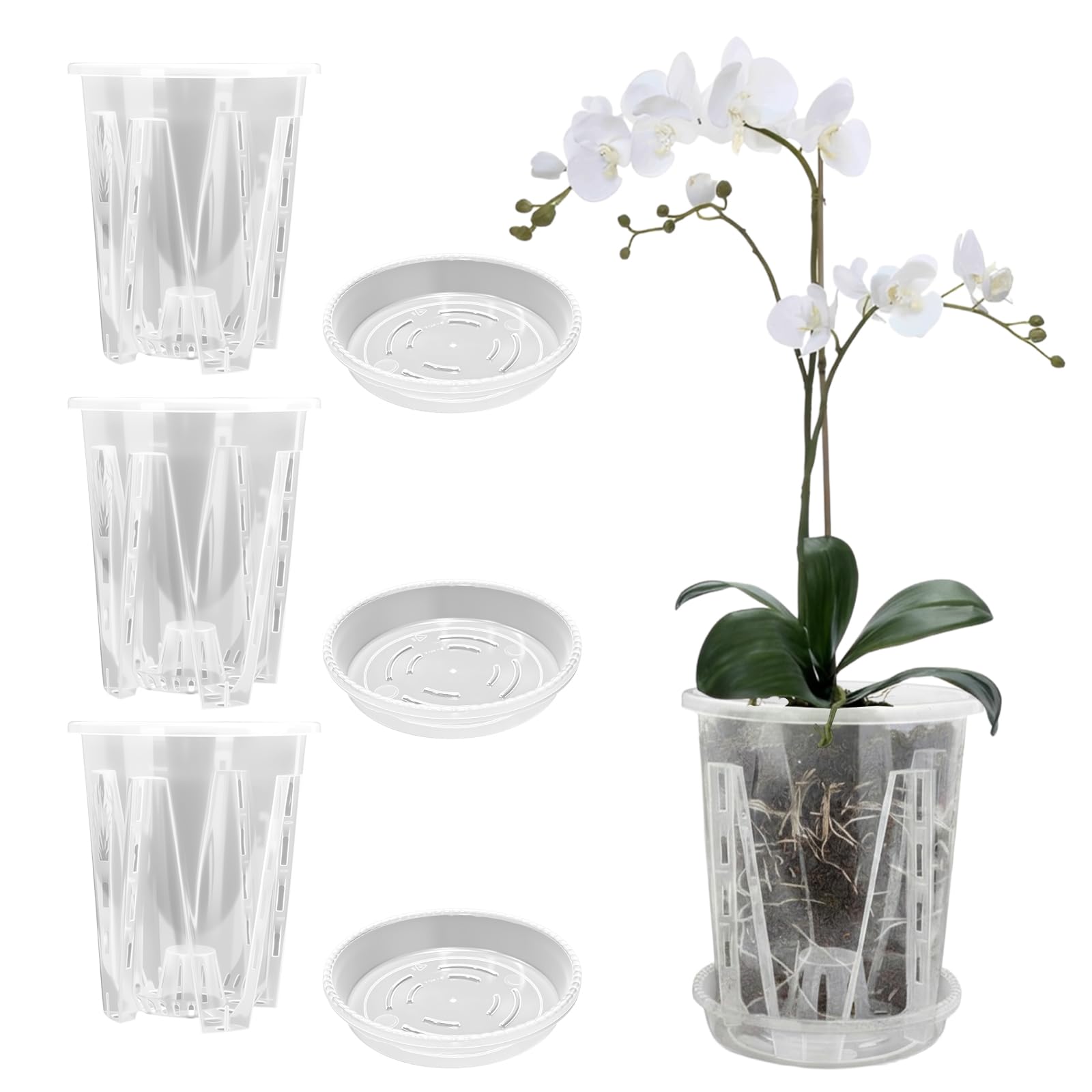 Cable Leader Lot de 3 Pots à orchidées Transparents en Fleur Plastique | pot orchidée avec trous de drainage, perméables à l'air pour plantes et fleurs en intérieur et en extérieur (14 cm + plateau)