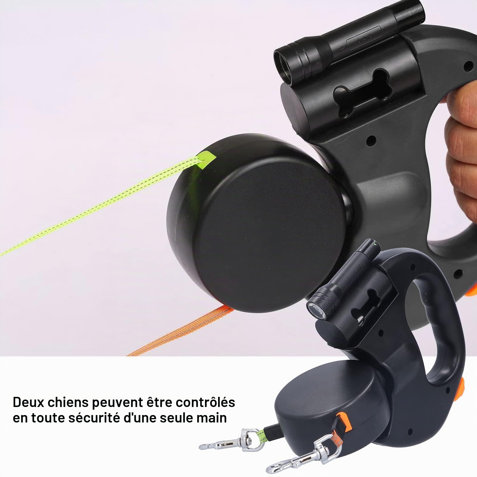 Laisse Double pour 2 Chiens,Laisse Chien Enrouleur pour Chien Jusqu'à 25kg/55 lb,Ruban en Nylon Solide Extensible à , avec Coutures réfléchissantes Lumineuses,360º sans
