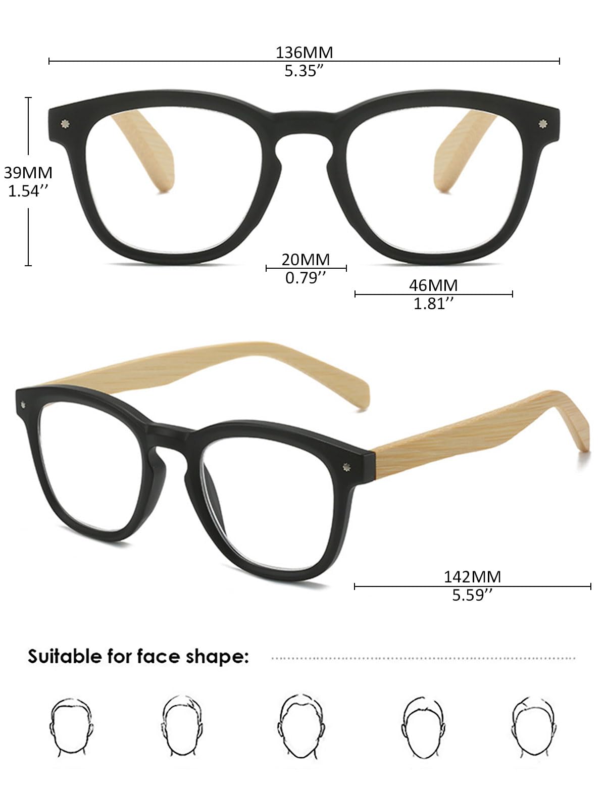 KOOSUFA Mode Lesebrille Damen Herren Bambusimitat Bügel Leicht Federscharnier Nerdbrille Lesehilfen Sehhilfe Anti Müdigkeit Brille mit Stärke 0.0 1.0 1.5 2.0 2.5 3.0 3.5 4.0