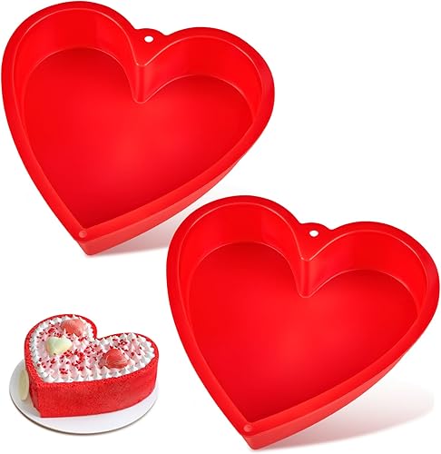 Moldes para pasteles en forma de corazón de 10 pulgadas, paquete de 2 moldes antiadherentes de silicona para hornear, tartas de queso y brownies