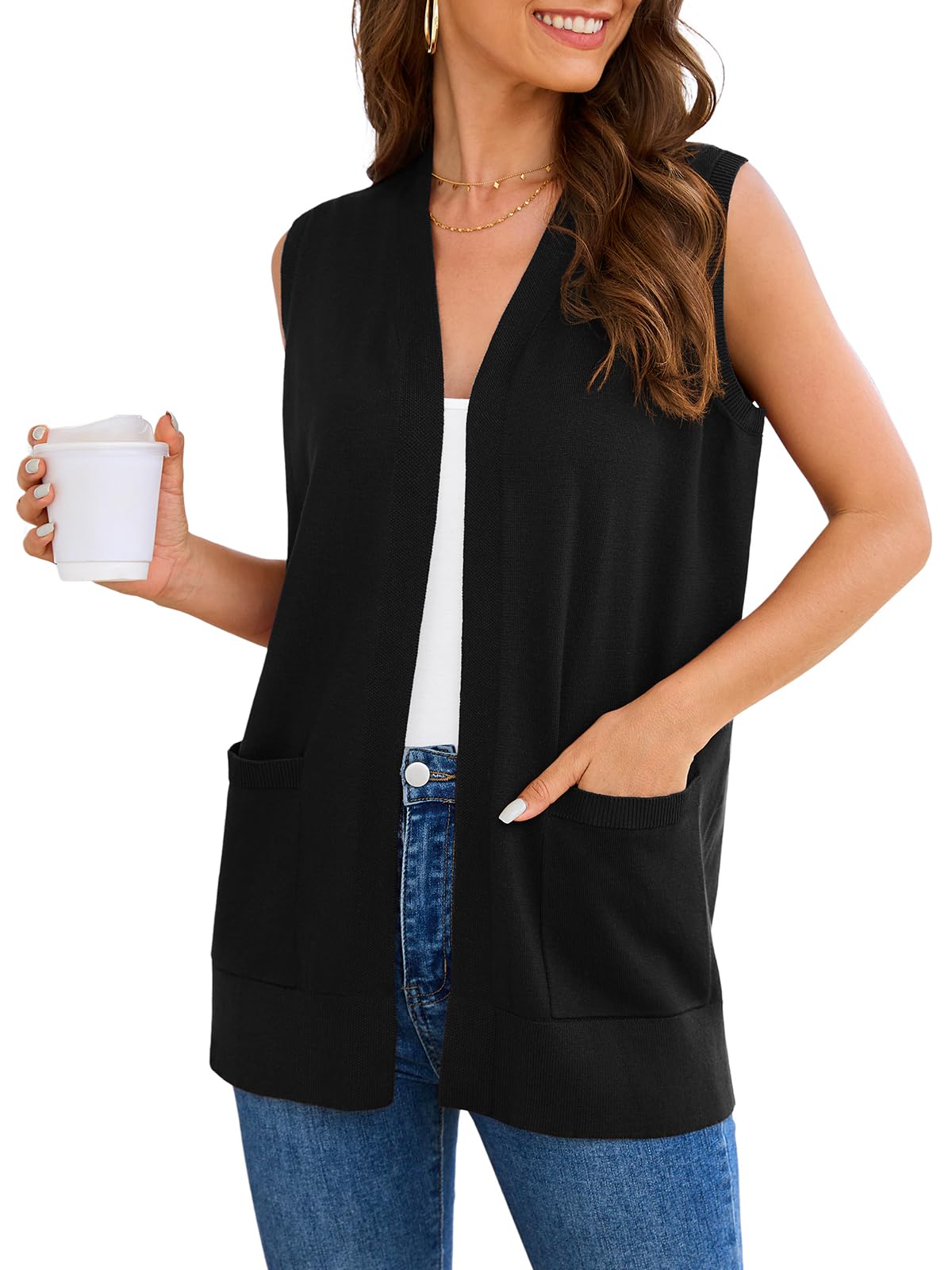 Wiwclo Veryoung Women Vests Fashion Casual Sleeveless Cardigan Sweaters Soft Knit Dressy Ladies Sweater Vest with Pockets