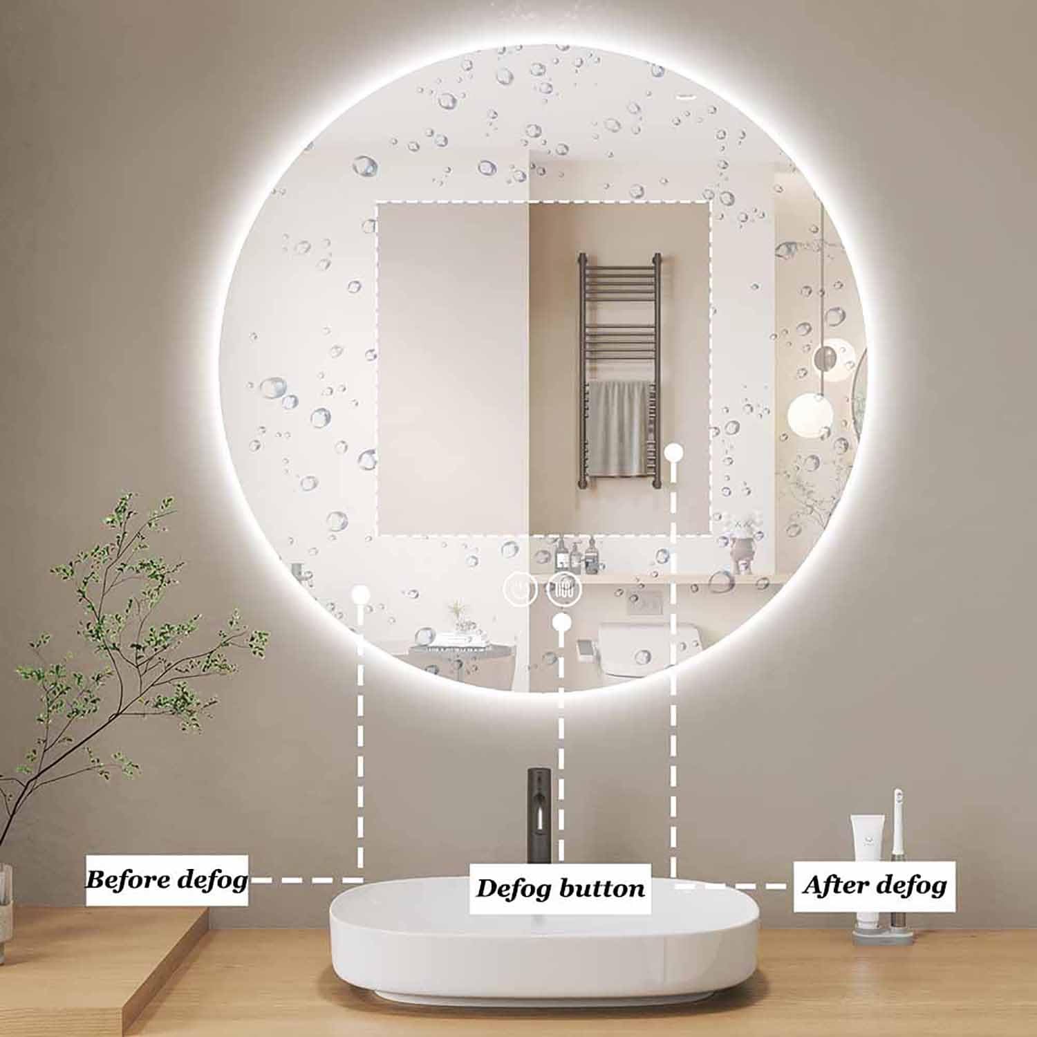 Okrągłe lustro łazienkowe LED ze światłami 81.3 cm, przeciwmgielne, podświetlane, 61 cm, montowane na ścianie, z podświetleniem, 3000 K / 4000 K / 6000 K (podświetlane, 110 cm/44)