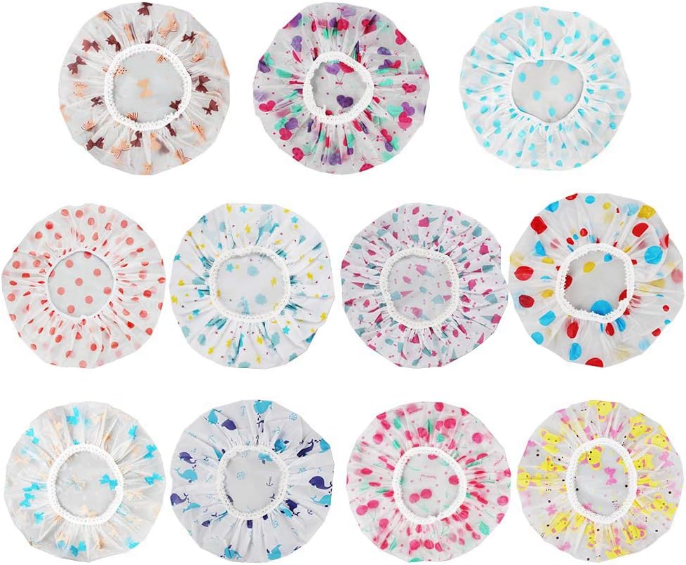 11 Pieces Waterproof Shower Caps Elastic Reusable Plastic Bathing Hair Cap Lady Salon Hat for Kids Girls and Women, Assorted Patterns
