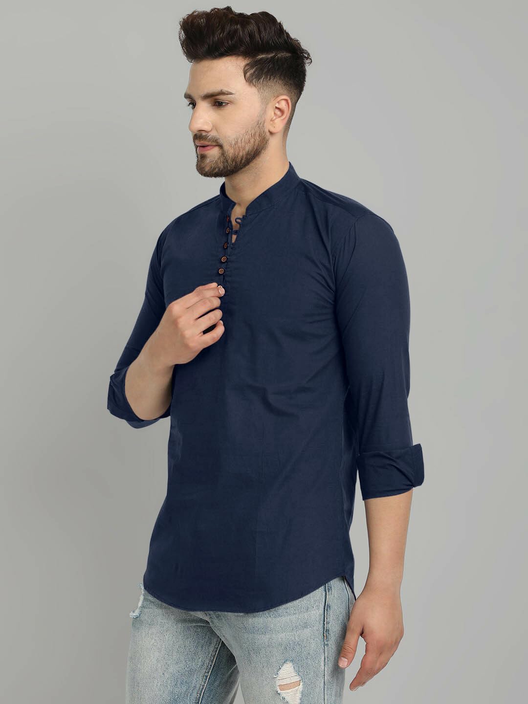 Royalscout Men's Cotton Blend Full Sleeve Short Kurta With Mandarin Collar Navy