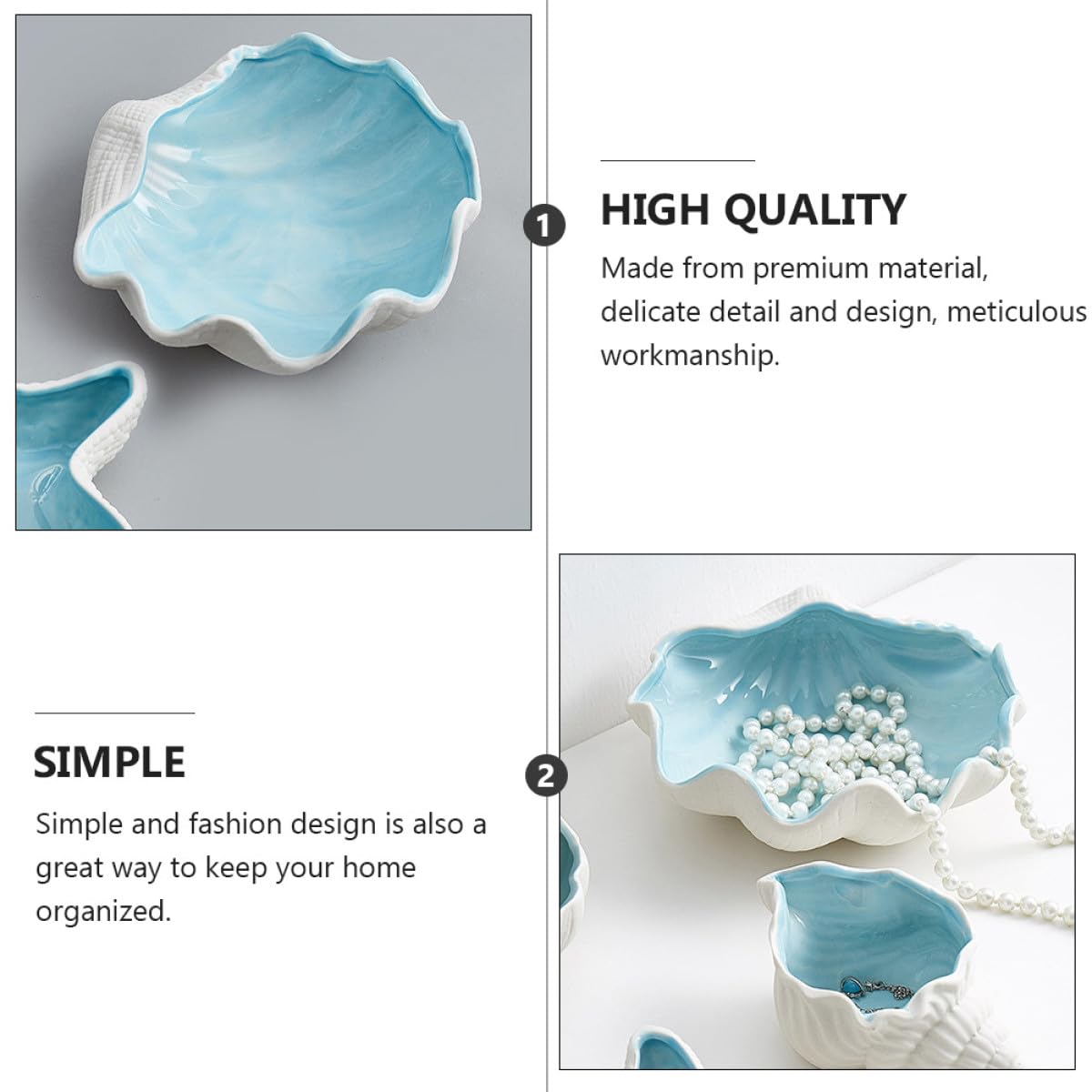 Bandeja Organizadora de Joyas de Cerámica Forma de Concha Azul, Plato Decorativo Multiusos para Almacenamiento y Decoración del Hogar