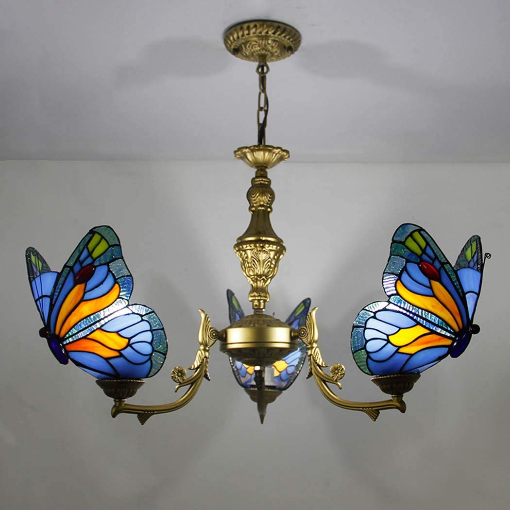 Tiffany Style Chandeliers, Stained Glass Butterfly Pendant Lighting Fixture with Lamp Shade, Rustic Ceiling Hanging Lamps for Bedroom Living Room Dining Room,Multicolor,C