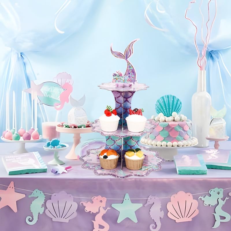LeDuo 3 Tier Mermaid Cupcake Stand Party Decorations Mermaid Theme Cupcake Holder Mermaid Baby Shower Cake Holder Birthday Dessert Stand for Mermaid Ocean Under The Sea Party Supplies