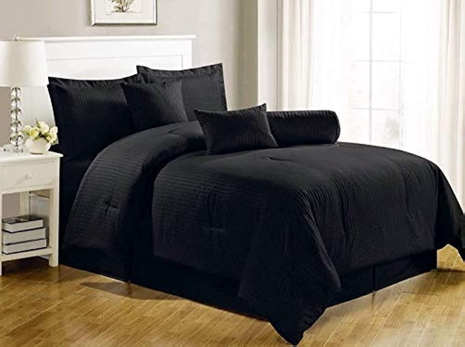 Luxury 2724296900247 Self Stripe Set Of 4 Piece Bedding Set, Cotton, King, Black, H47.2 x W66.8 x D31.6 cm