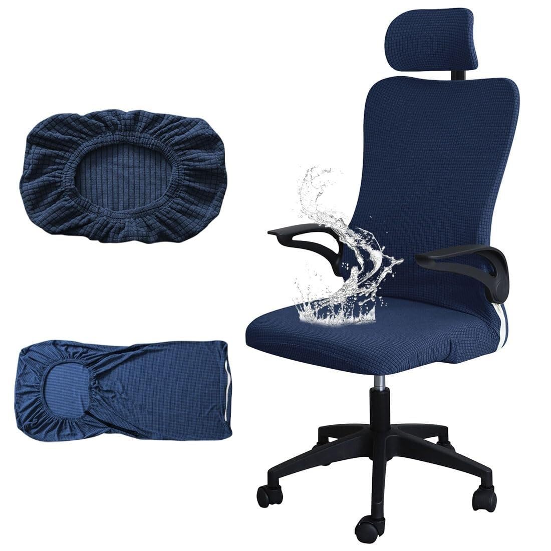 PBTMCD Office Chair Cover With Headrest, Stretch Jacquard Gaming Slipcover For High Back Computer Desk Rotating Armchair(Navy Blue)