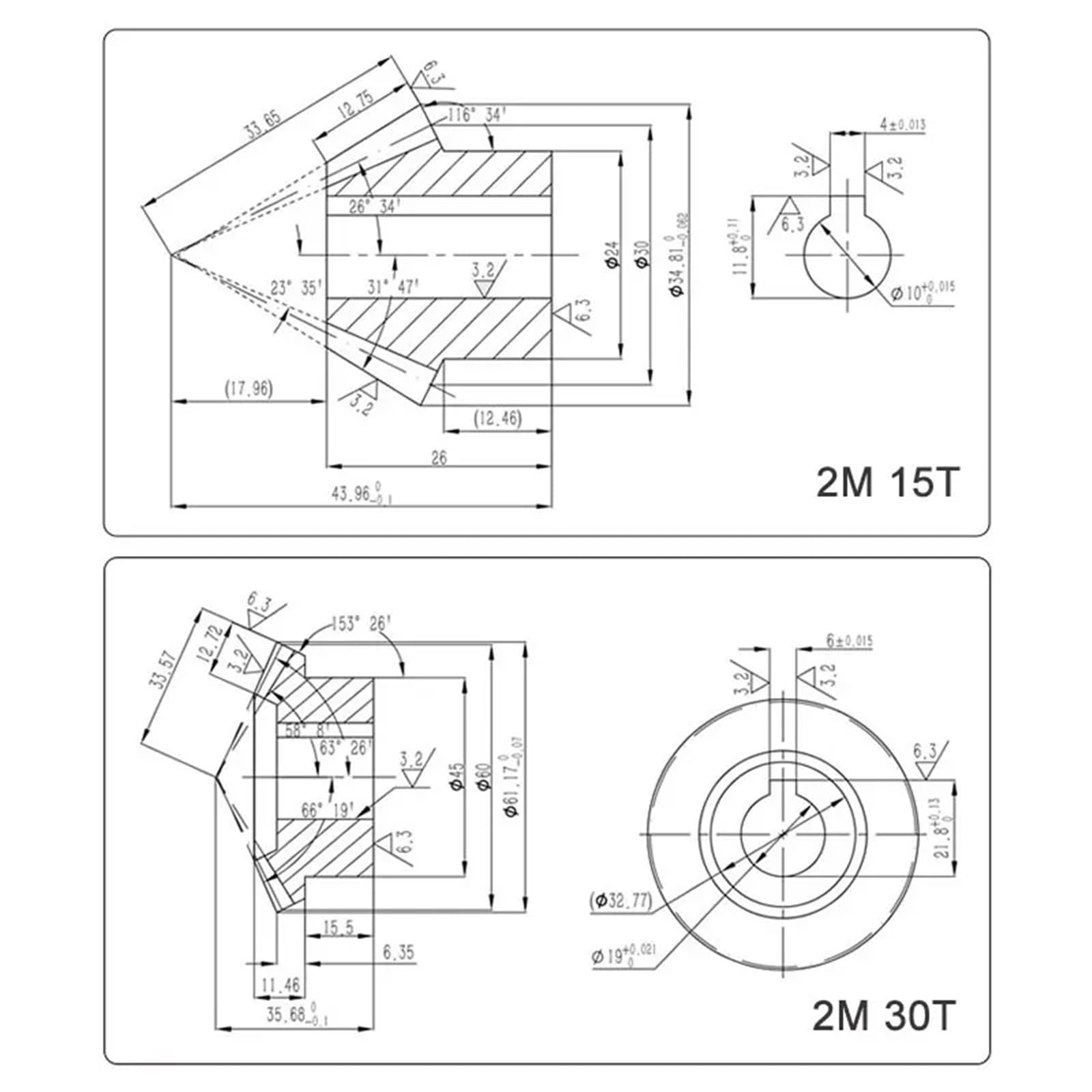 1 juego 1:2 engranaje cónico 40Cr 2M15T:30T dientes con agujero interior 10 mm y 19 mm ennegrecimiento de disuasión 90 grados de transmisión de acero engranajes de acero(3set 2M 15T-30T)