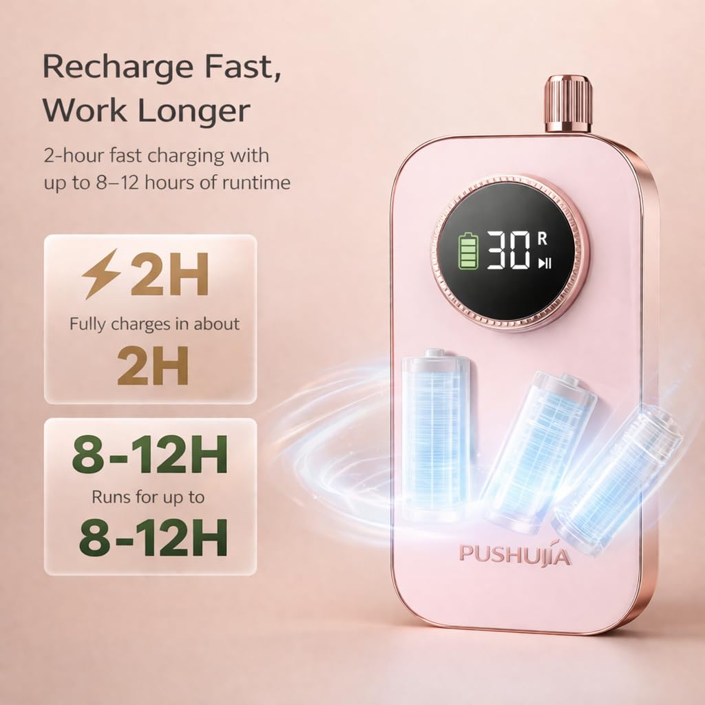 45000 RPM Nail Drill - Brushless Cordless Efile LCD Display & Heat Reduction Tech for Acrylic Gel Nails (Pink)