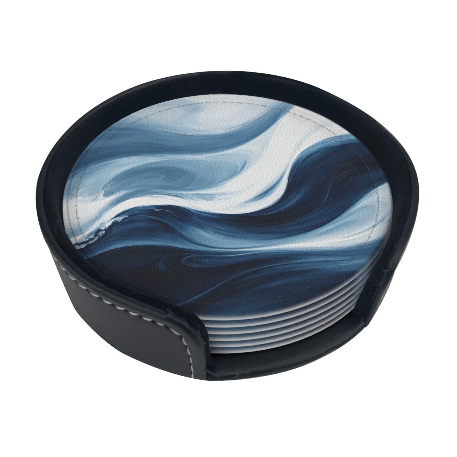 Cntdbu White Deep Blue Wave Leather Coasters Set Of 6-Pu Leather Drink Mats For Table, Heat Resistant Round Coasters With Holder