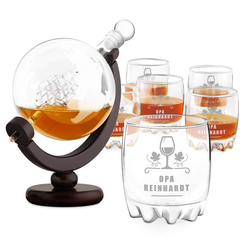 Maverton Whisky Karaffe mit Gravur, Globus mit Schiff, 850 ml + 6 Gläser