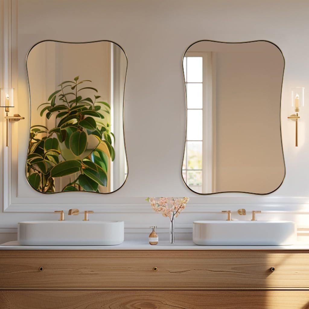 ANDY STAR Brushed Gold Bathroom Mirror 24x36'', Modern Scalloped Brass Vanity Mirrors, Notched Edges Bathroom Wall Mirror in 1 Inch Stainless Steel Frame Wall Mounted for Bathroom Vanity, Powder Room