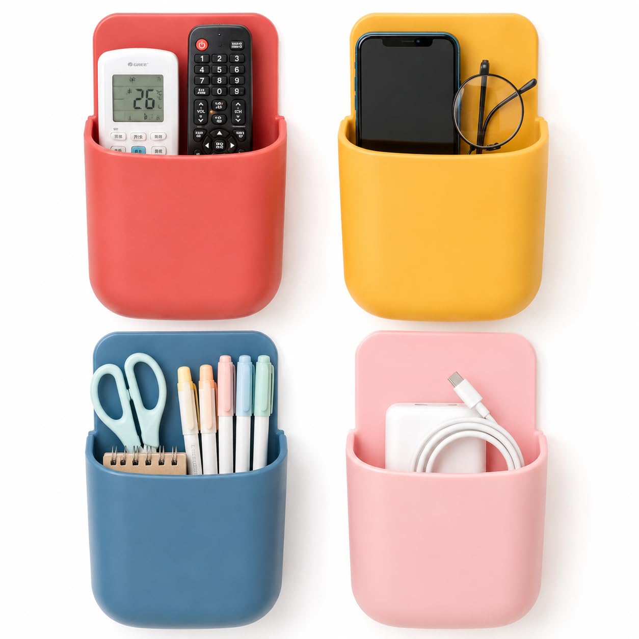 Wall Mounted Storage Box Pack of 4 | Self Adhesive Remote Control Holder & Mobile Phone Stand | Plastic Wall Organizer for TV Remote, AC Remote, Charger, Plug, Keys & Small Accessories | Multicolor-image-40