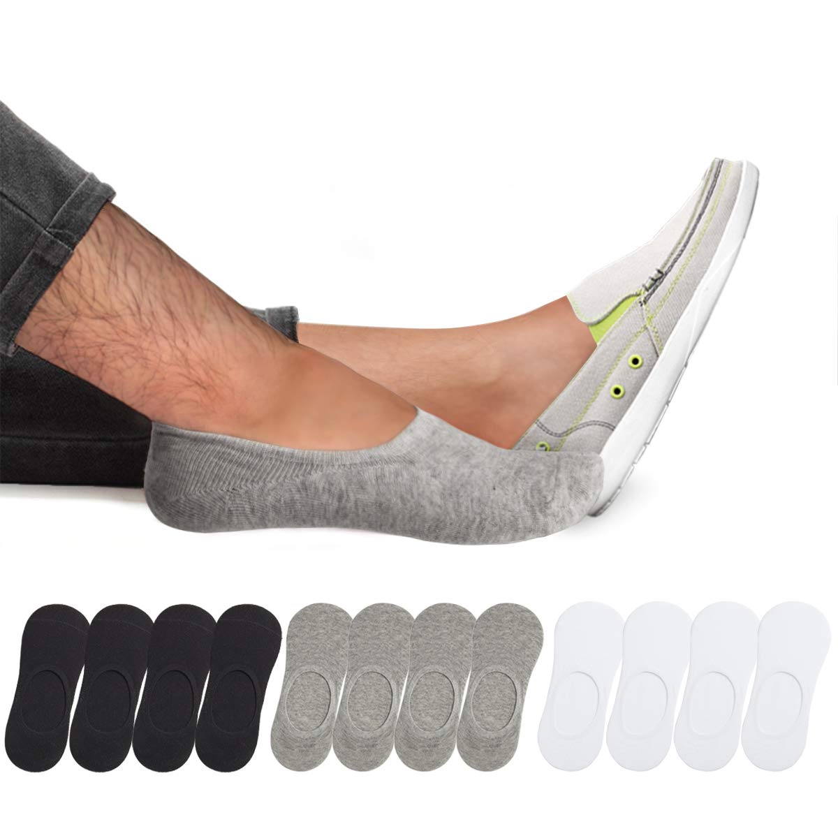 Low Sock No Show Men - 4 or 12 Pairs Cotton M/L/XL Thin Liner Low Cut Invisible Non Slip Socks for Flats