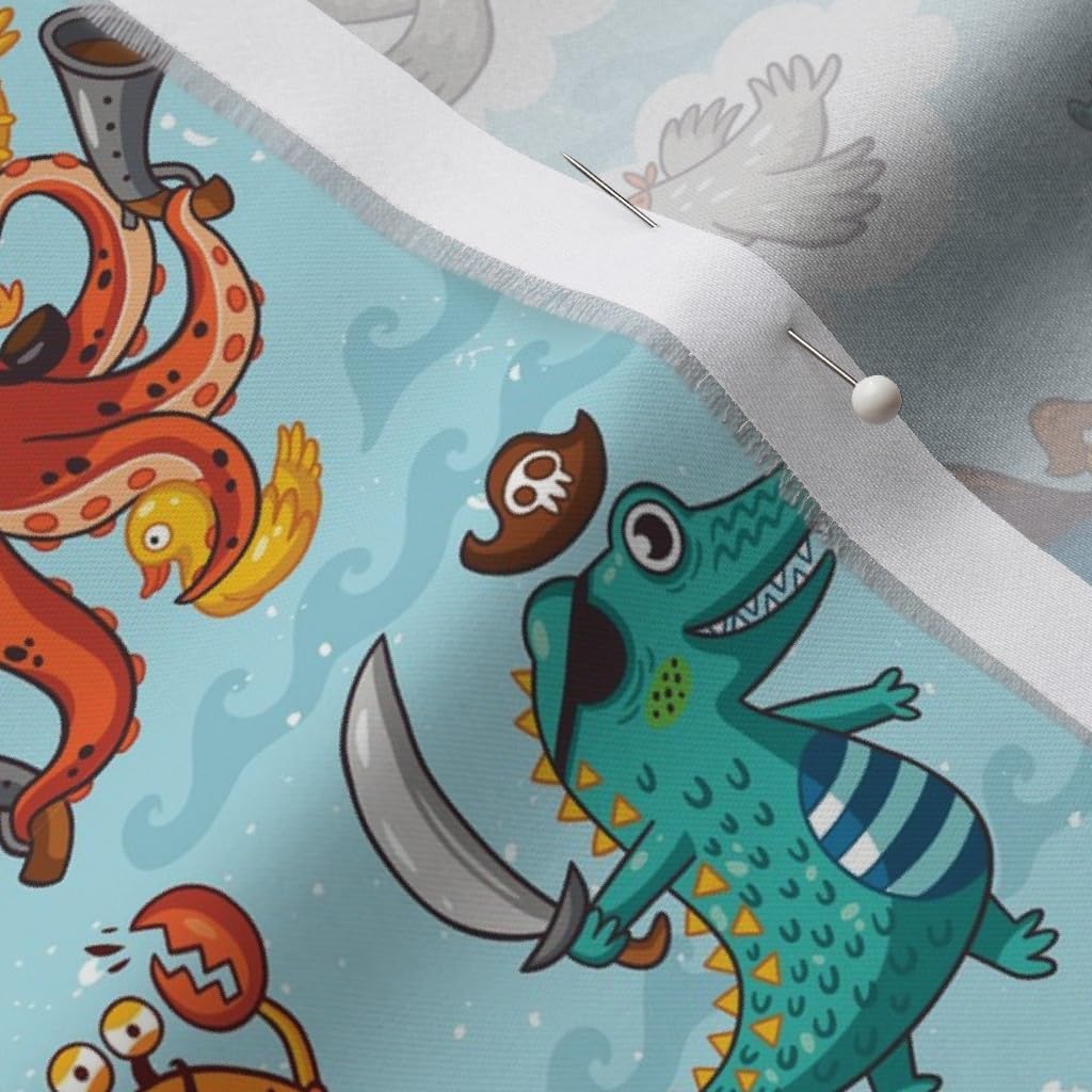 Spoonflower Fabric - Pirates Adventure Shark Ship Pirate Crab Printed on Organic Cotton Sateen Fabric by The Yard - Sewing Quilting Apparel Home Decor