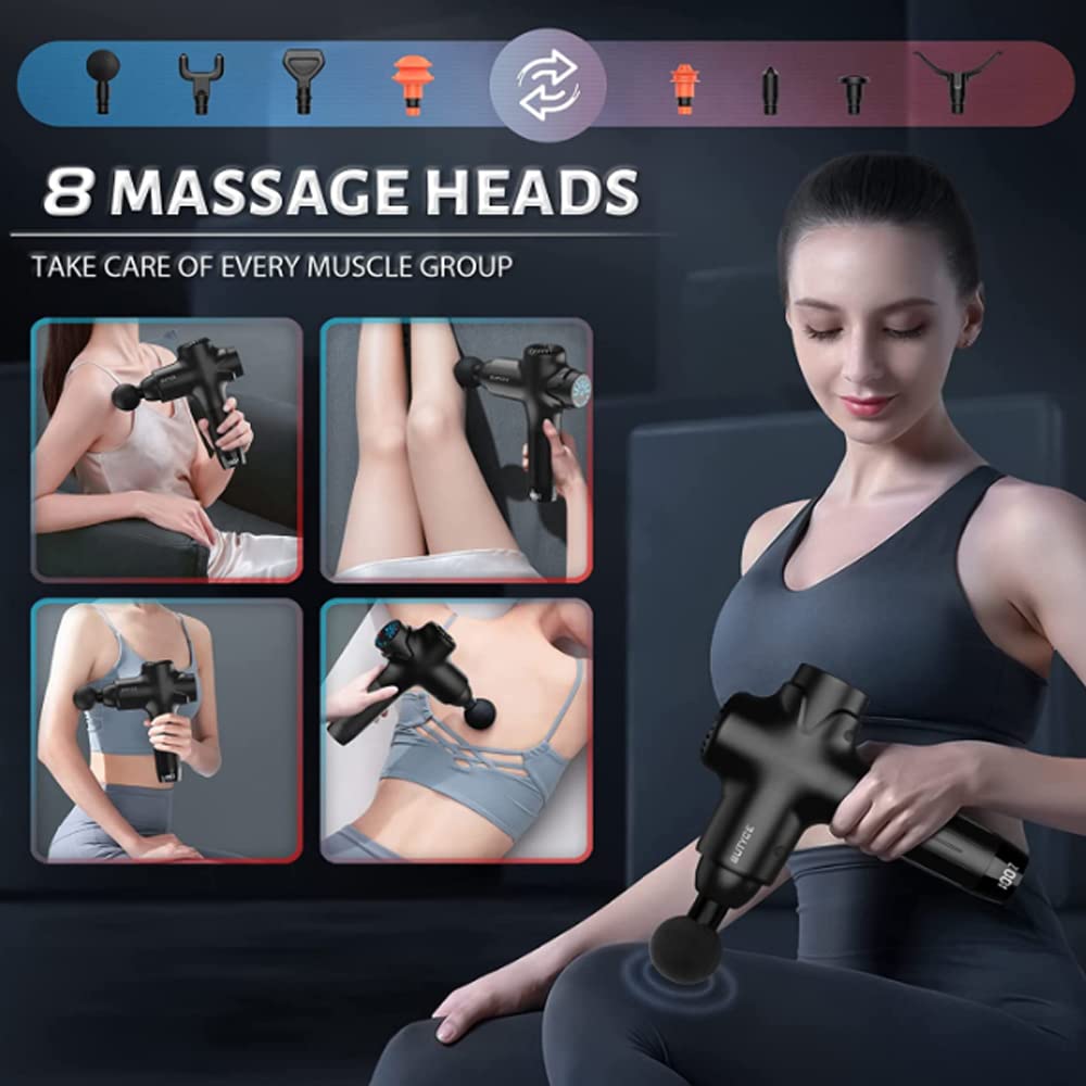 Pistola de masaje,portátil de mano con percusión tejido profundo de percusión muscular para atletas,silencioso para relajación profunda,con 8 cabezales de masaje/pantalla táctil LCD (plata)