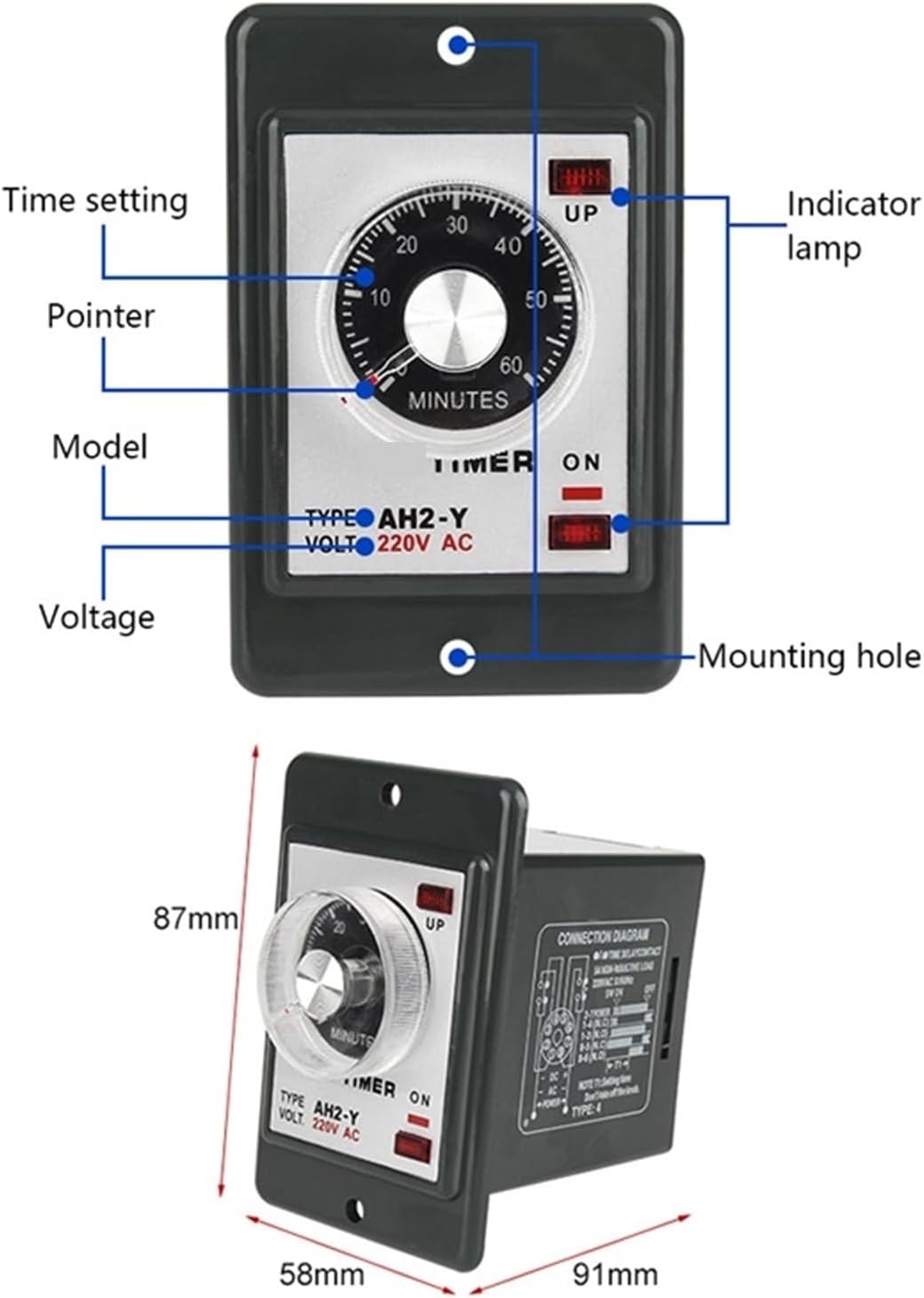 AH2-Y/AH2-Y2 Pointer Type Time Relay Power-on Delay Timer 8-pin 1S 10S 30S 60S 10M 30M 60M 12V/24V/36V/110V/220V/380V(AH2-Y 30S 220V)
