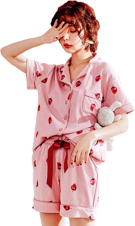 Amazon パジャマ レディース ルームウェア 綿 部屋着 上下セット 前開き 寝間着 可愛い 半袖 夏イチゴ柄 ピンク S パジャマ ルームウェアセット 通販