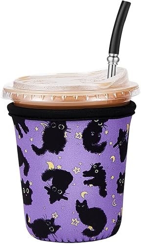 Fundas reutilizables aisladas de neopreno para café helado y soporte de taza de café, ajuste universal para tazas de 16-32 oz para bebidas Gato negro