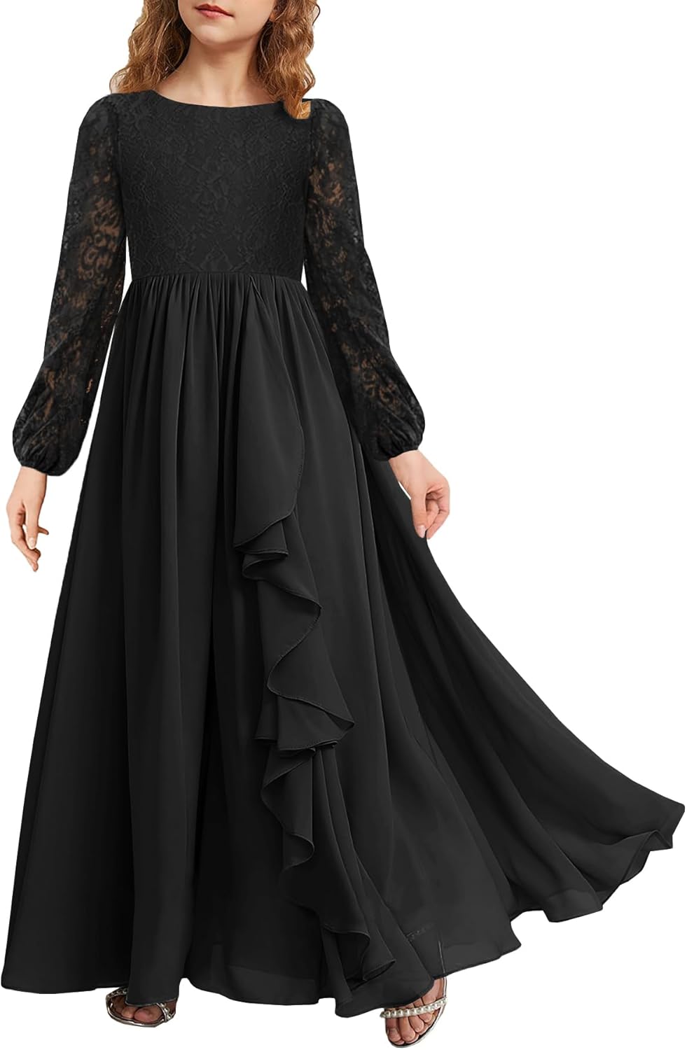 MITILLY Girls Fall Long Sleeve Maxi Dress Vintage A-Line Chiffon Ruffle Flowy Lace Flower Girl Dresses for Wedding Party