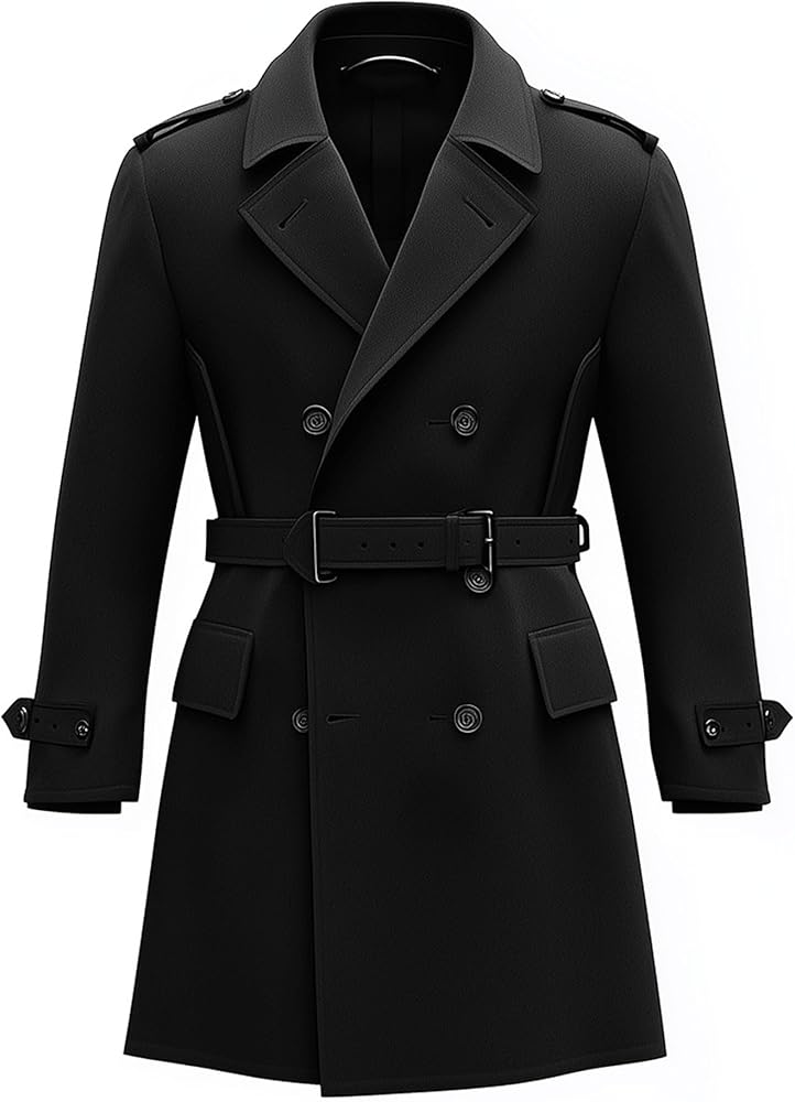 Mens Black Double-Breasted Coat Mini Trench Coats Storm Flap Lapel