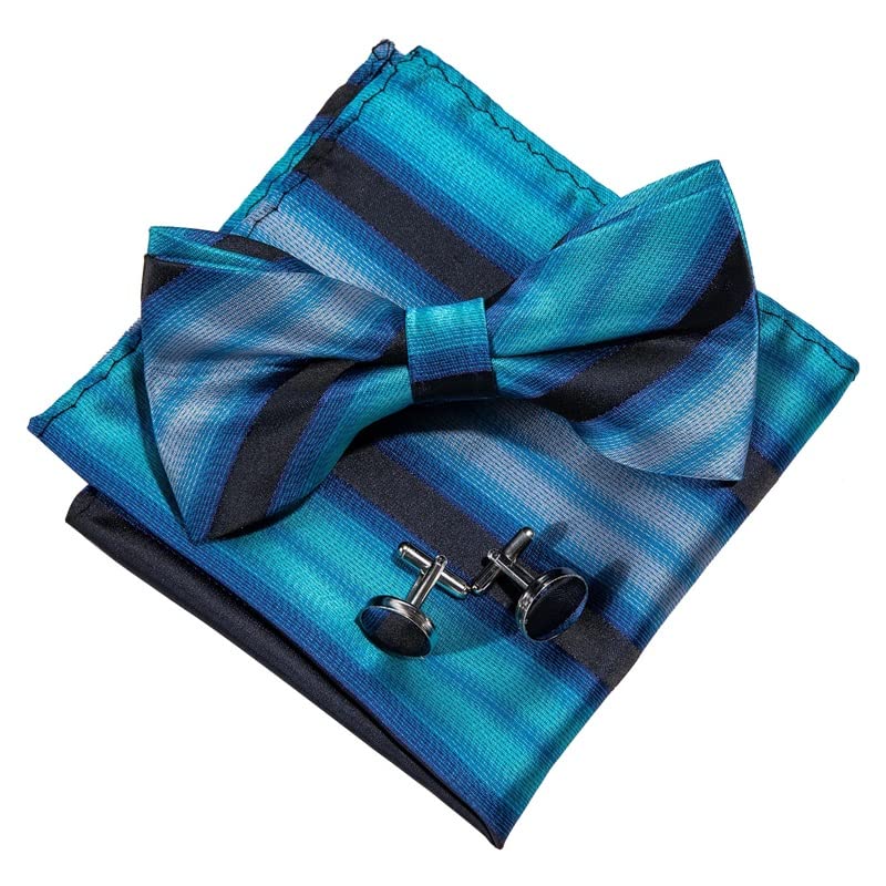 Corbata de seda para hombre, pajarita azul con mariposa, diseño a rayas, pajarita preatada, pañuelo, gemelos, lazos formales para hombre