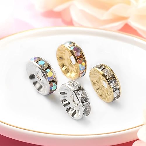 Miniatura 5 de 200 cuentas espaciadoras Rondelle de 0.236 pulgadas chapadas en plata con diamantes de imitación, cuentas sueltas para collares, pulseras,