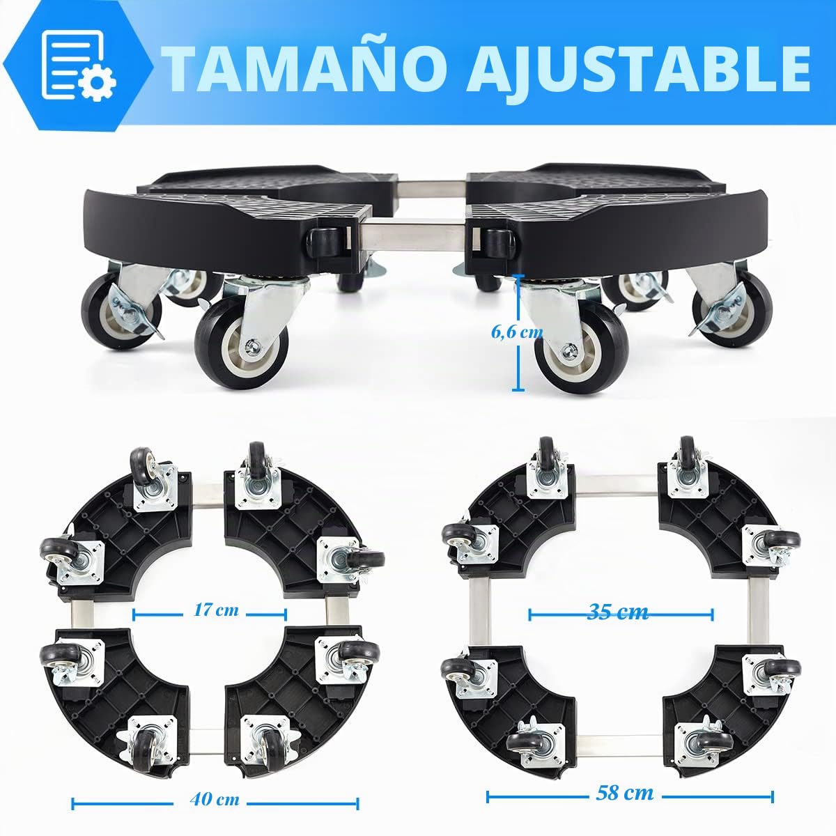 TreeGun Soporte para Plantas con 8 Ruedas Bloqueo, Plataforma con Ruedas Ajustables 38-58cm, Soporte para Macetas Capacidad de Carga 200kg, Base para Flores con Ruedas para Interiores y Exteriores