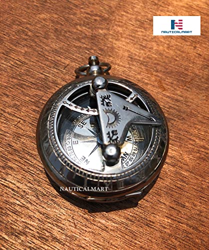 Brújula de Latón con Reloj de Sol, Cadena y Bolsa de Terciopelo - Regalo Náutico Vintage con Elegancia y Accesorio Steampunk miniatura 2