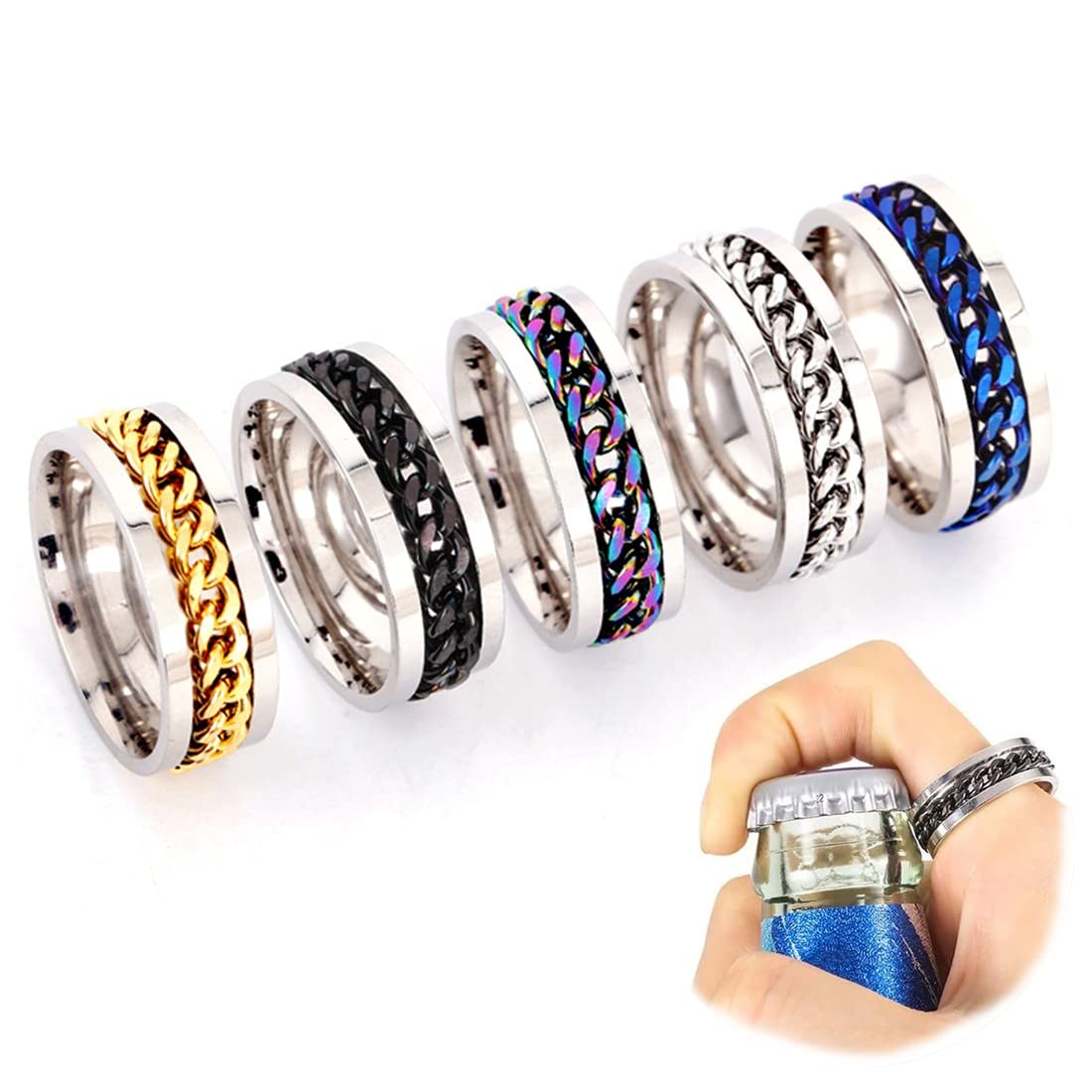 AIQPZ 5 Piezas Anillos Hombre Acero Inoxidable Vintage Cadena Anillos Giratorios Anillos para Hombres Mujeres Anillos Hombre Negro Anillo Giratorio Hombre Anillos de Acero Mujer