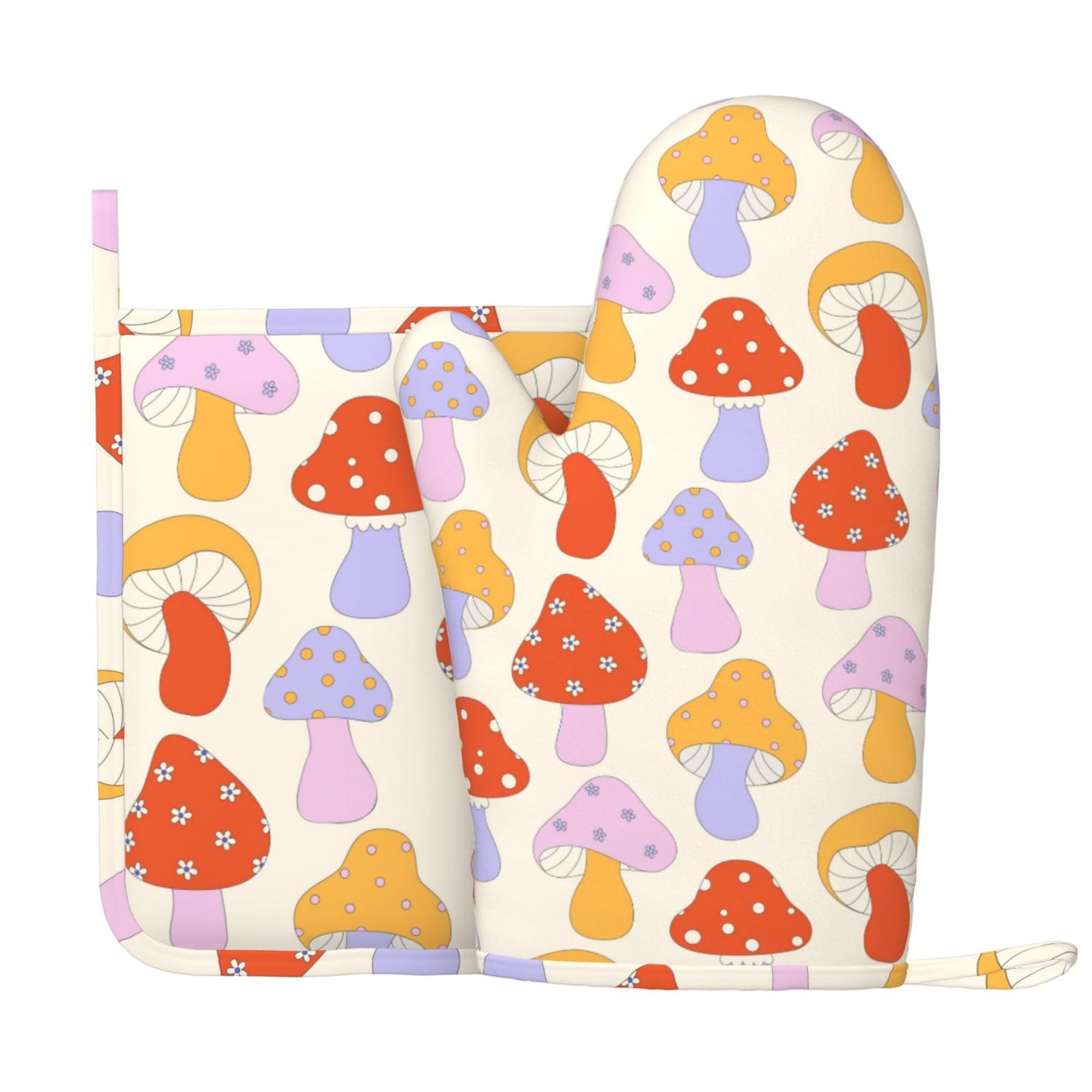 Mushroom Trendy Cute Pop 70s Oven Mitts and Pot Holders Set of 2 Silicone Heat Resistant Oven Mitten Potholders Non Slip Gloves Kitchen Decor for BBQ Cooking Grilling Baking