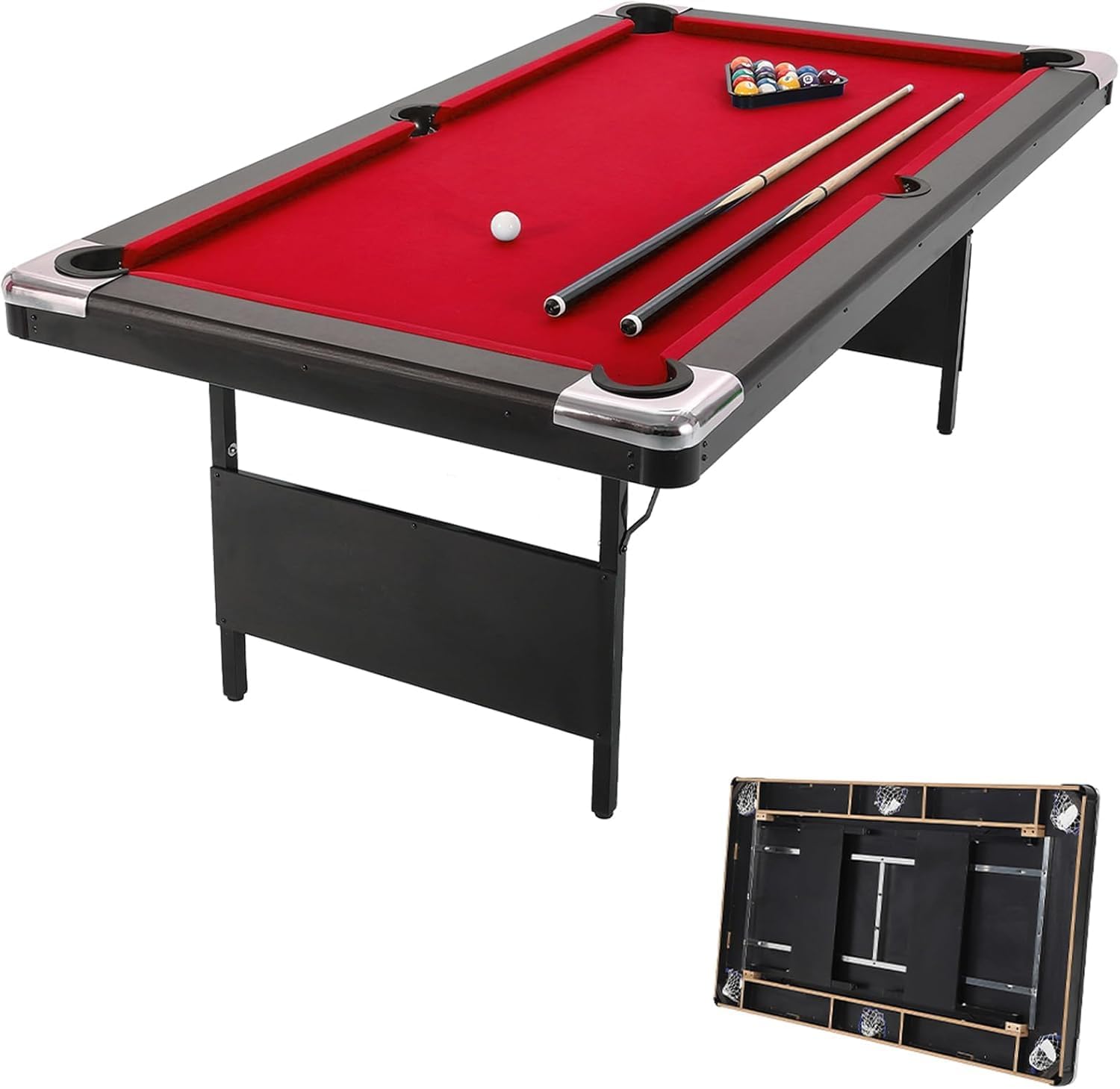 7 Foot Pool Table for Family, Foldable No Assembly Pool Table with Balls, Cues, Chalk, Rack & Brush, Portable Billiards Game Table for Apartment, Basement, Office & Game Room