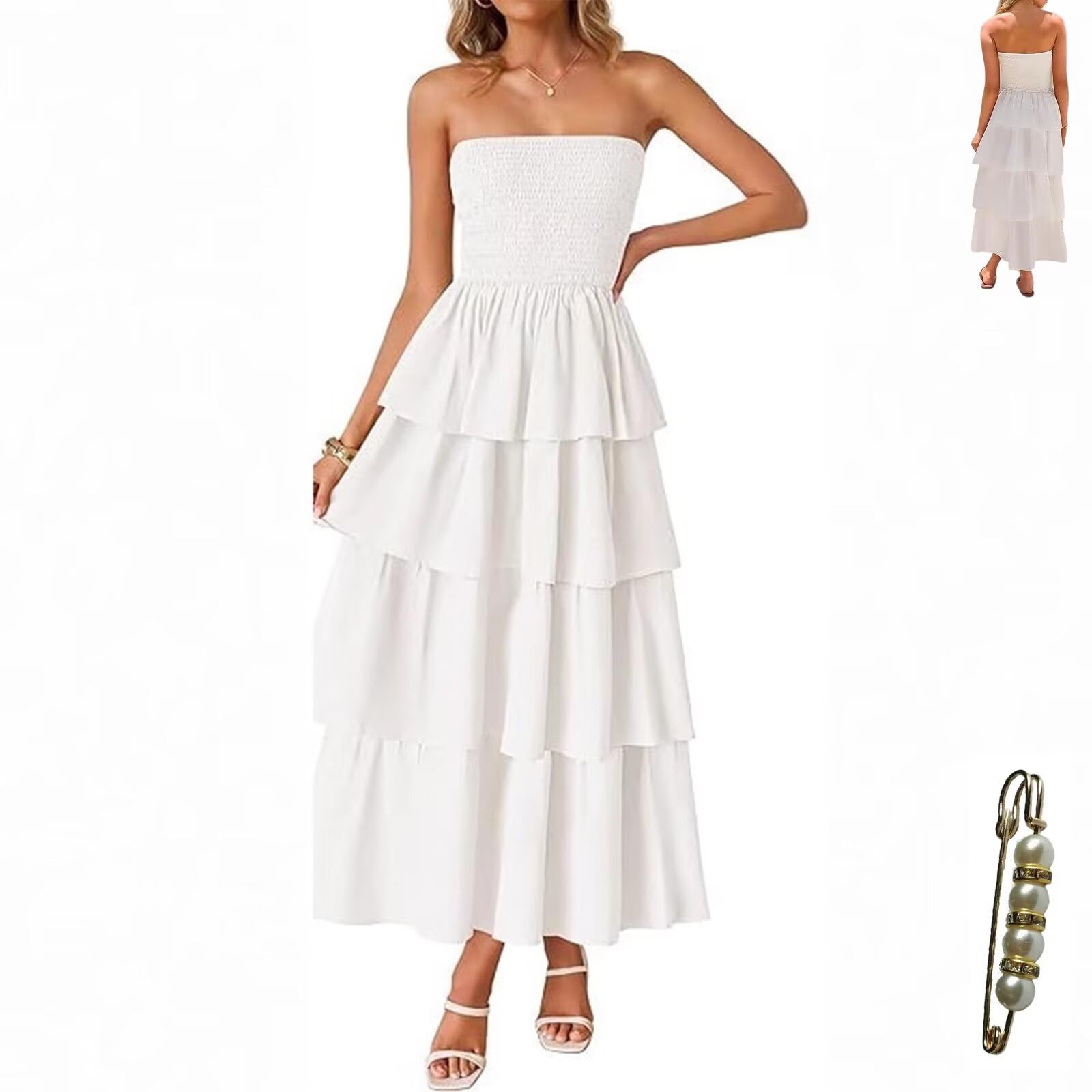 Yazinie Women Summer Boho Strapless Smocked Bust Maxi Dress 2026 High Waist Tiered Long Sundress Formal Gown with Elastic Top