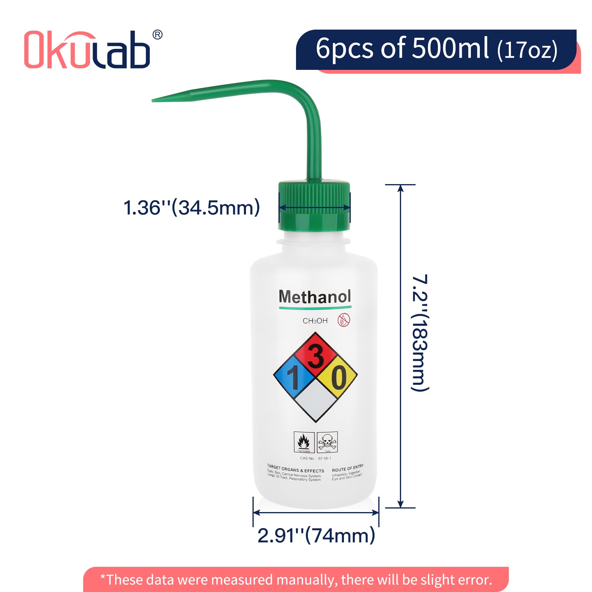 6 botellas de lavado de agua de seguridad, vol.500 ml, botella de chorro de metanol con boca estrecha para laboratorio WBM500A6