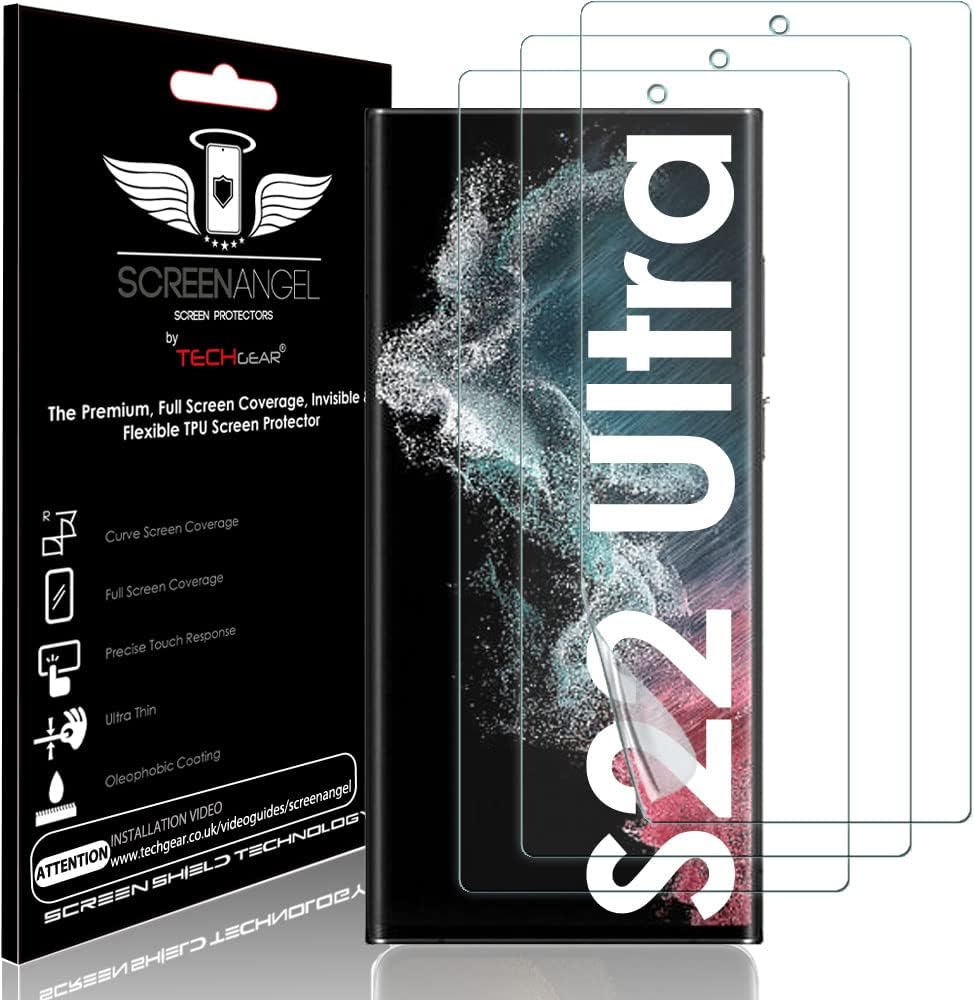 TECHGEAR [3 Pack Screen Protector fits Samsung Galaxy S22 Ultra 5G [Screen Angel Edition] [In-Display Fingerprint Support][Case Friendly][Bubble Free][FULL Screen Coverage] HD Clear Flexible TPU Film