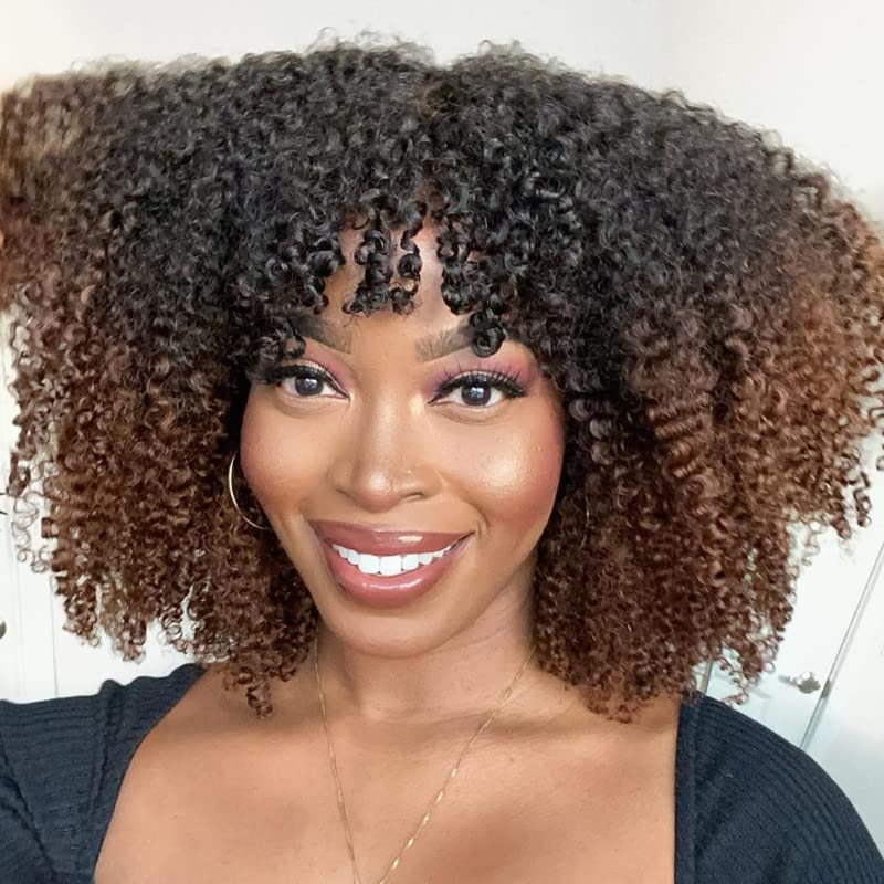 Omber Brown Curly Wigs for Black Women Human Hair No Lace 1b/30# Human Hair with Bangs Fake Scalp Top Flutty Short Curly Wig with Baby Hair (14inch, 130Density)