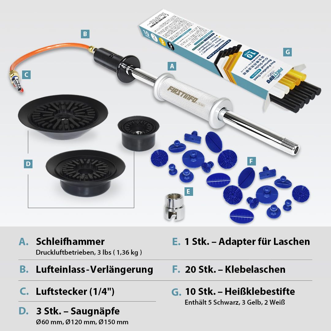 FIRSTINFO Pneumatischer Dellenzieher Set mit Gleithammer 3 Saugnäpfen und 20 Klebeadaptern Druckluft Ausbeulwerkzeug für lackfreie Auto Dellenreparatur, A1501EUY1
