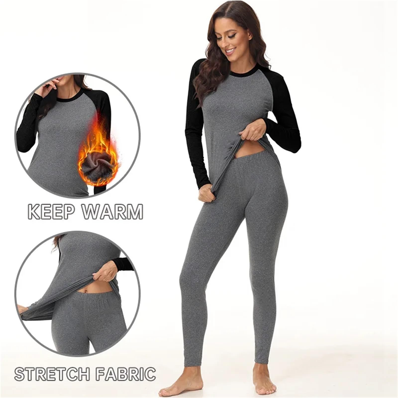 Ropa Interior térmica Cuello Redondo Manga rotadora Patchwork otoño e Invierno más Forro Polar Grueso cálido Conjunto de Ropa Larga for Mujer para Esquí,Moto