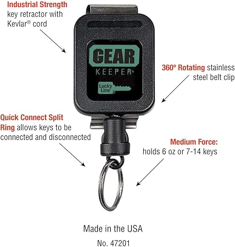 Miniatura 4 de Lucky Line Medium Force Gear Keeper, Retractor de llave de fuerza industrial con cable de Kevlar de 36 pulgadas, clip, 1 por paquete (47201), negro,