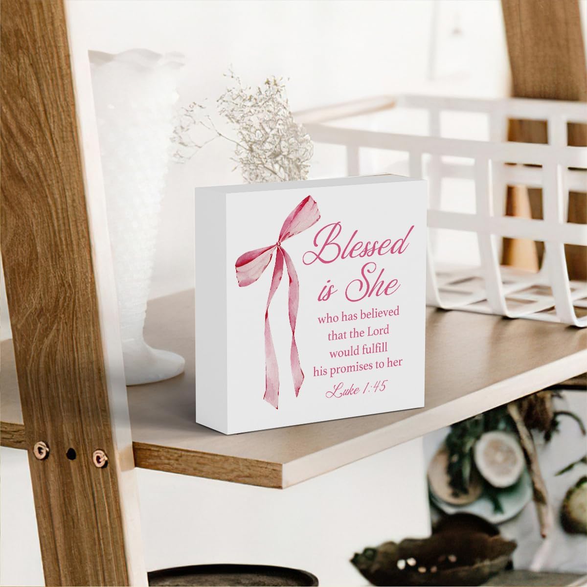 Pink Christian Bible Verse Decor, Pink Coquette Bow Room Decor, Inspirational Christian Gifts for Women, Pink Office Decor, Wooden Box Decor for Home Bedroom Girls Dorm Apartment-Luke 1:45 image 5