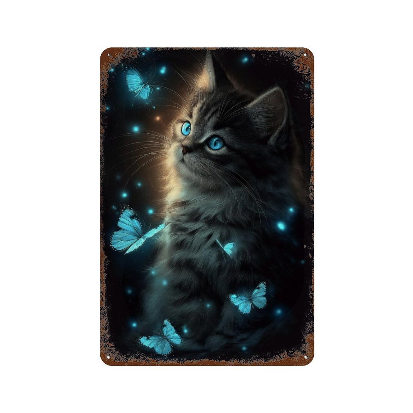 Magical Kitten with Butterflies -1 Distressed Metal Wall Sign 11.8"x7.9", Rustic Home Decor for Living Room, Hallway And Home Decor